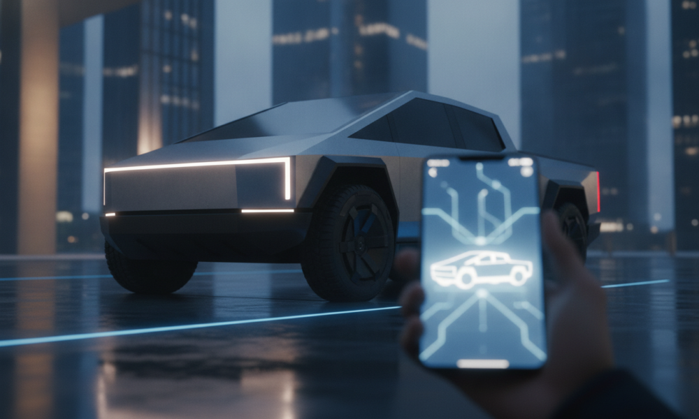Tani elektryczny pickup Slate Truck sterowany smartfonem w mieście o zmierzchu. Szary minimalistyczny design, światła LED i aplikacja mobilna w dłoni.