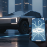 Tani elektryczny pickup Slate Truck sterowany smartfonem w mieście o zmierzchu. Szary minimalistyczny design, światła LED i aplikacja mobilna w dłoni.
