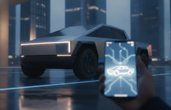 Tani elektryczny pickup Slate Truck sterowany smartfonem w mieście o zmierzchu. Szary minimalistyczny design, światła LED i aplikacja mobilna w dłoni.