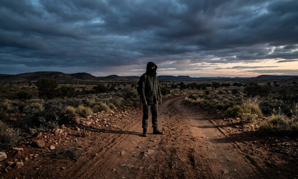 Samotna sylwetka na australijskim pustkowiu o zmierzchu. Mroczny thriller psychologiczny Last Seen na Apple TV+. Kinowy klimat izolacji i suspensu w outbacku.