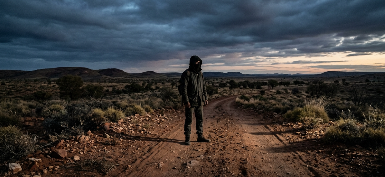 Samotna sylwetka na australijskim pustkowiu o zmierzchu. Mroczny thriller psychologiczny Last Seen na Apple TV+. Kinowy klimat izolacji i suspensu w outbacku.