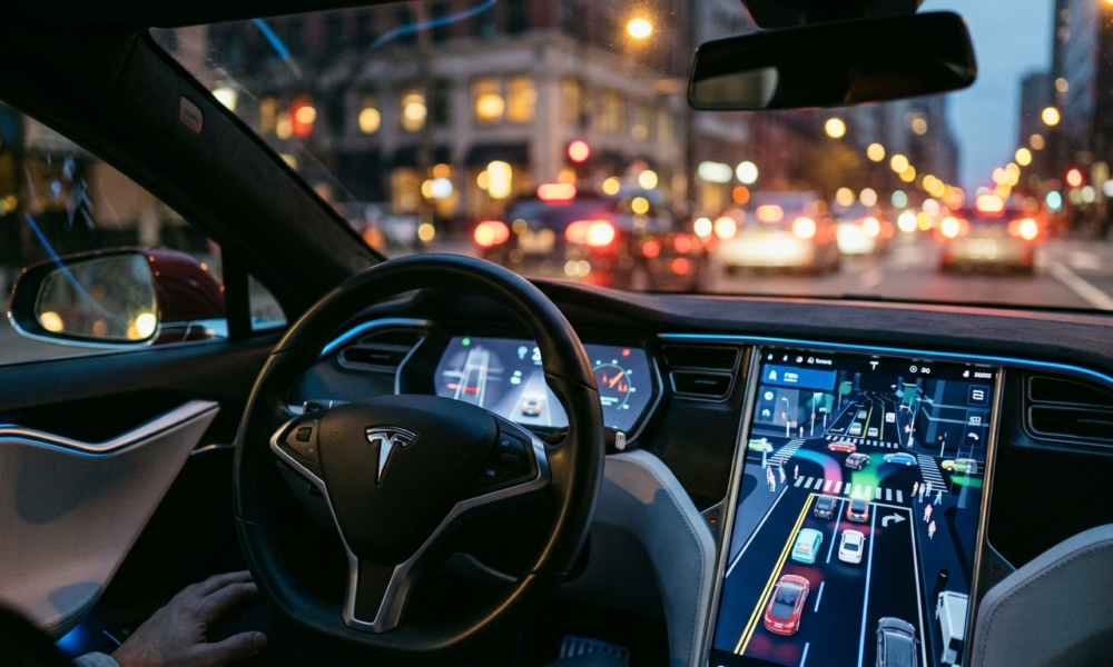 Aktualizacja Tesla FSD v14 Lite dla Hardware 3. Cyfrowy interfejs z wizualizacją 3D, kierownica i deska rozdzielcza. Niebieskie oświetlenie ambient i neony.