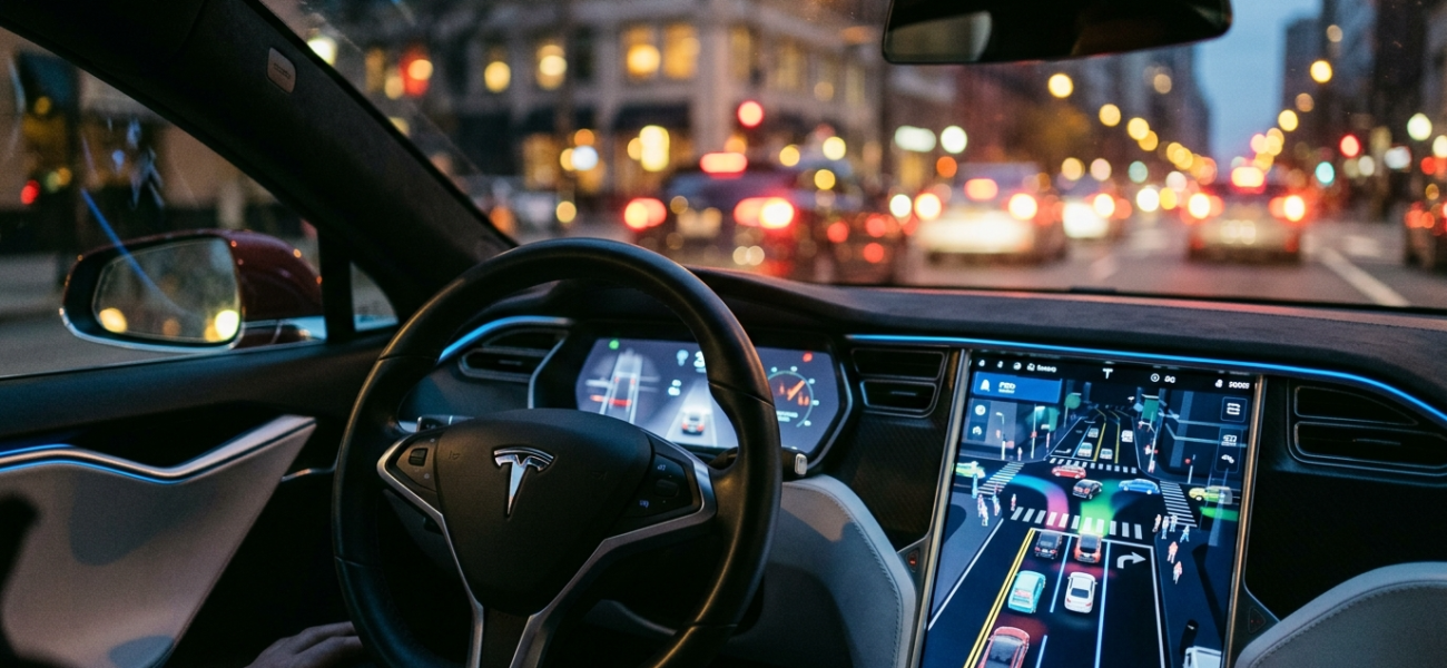 Aktualizacja Tesla FSD v14 Lite dla Hardware 3. Cyfrowy interfejs z wizualizacją 3D, kierownica i deska rozdzielcza. Niebieskie oświetlenie ambient i neony.