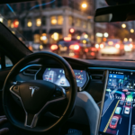 Aktualizacja Tesla FSD v14 Lite dla Hardware 3. Cyfrowy interfejs z wizualizacją 3D, kierownica i deska rozdzielcza. Niebieskie oświetlenie ambient i neony.