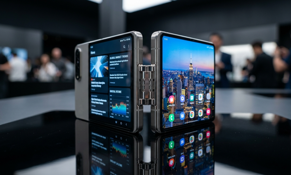 Składany smartfon Apple iPhone Duo z dwoma ekranami OLED i tytanową obudową. Częściowo złożony telefon z widocznym zawiasem na ciemnej, odbijającej powierzchni.