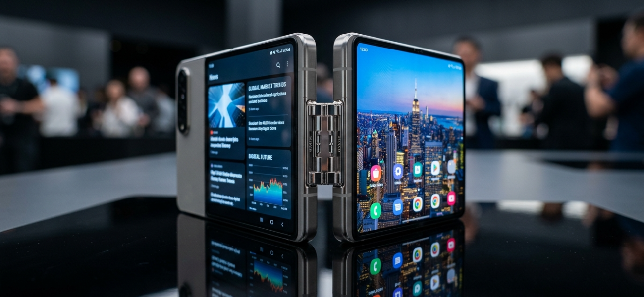 Składany smartfon Apple iPhone Duo z dwoma ekranami OLED i tytanową obudową. Częściowo złożony telefon z widocznym zawiasem na ciemnej, odbijającej powierzchni.