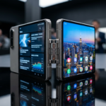 Składany smartfon Apple iPhone Duo z dwoma ekranami OLED i tytanową obudową. Częściowo złożony telefon z widocznym zawiasem na ciemnej, odbijającej powierzchni.