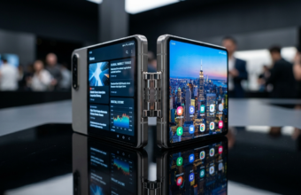 Składany smartfon Apple iPhone Duo z dwoma ekranami OLED i tytanową obudową. Częściowo złożony telefon z widocznym zawiasem na ciemnej, odbijającej powierzchni.