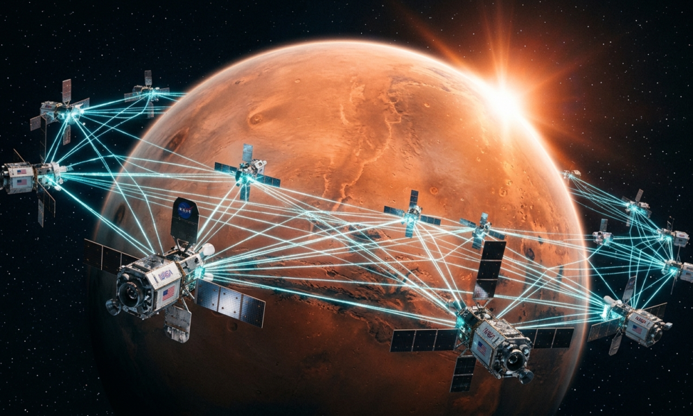 Satelity NASA nad Marsem połączone cyjanową wiązką danych. Internet kosmiczny, technologie przyszłości, Polska i świat. Czerwona planeta i jasny blask słońca.