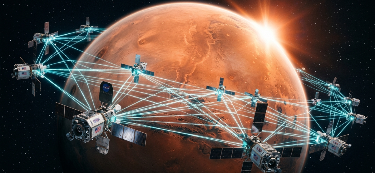 Satelity NASA nad Marsem połączone cyjanową wiązką danych. Internet kosmiczny, technologie przyszłości, Polska i świat. Czerwona planeta i jasny blask słońca.