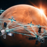 Satelity NASA nad Marsem połączone cyjanową wiązką danych. Internet kosmiczny, technologie przyszłości, Polska i świat. Czerwona planeta i jasny blask słońca.