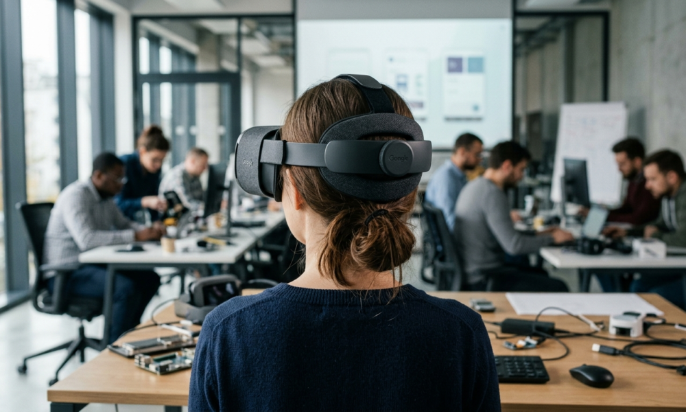 Gogle VR Google Frame, widok od tyłu. Poznaj polskie ceny Steam Frame w kategorii gaming. Polska i świat śledzą nowości wirtualnej rzeczywistości.