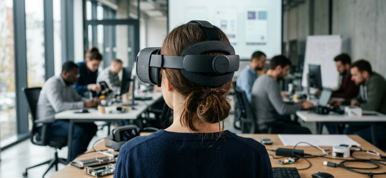 Gogle VR Google Frame, widok od tyłu. Poznaj polskie ceny Steam Frame w kategorii gaming. Polska i świat śledzą nowości wirtualnej rzeczywistości.