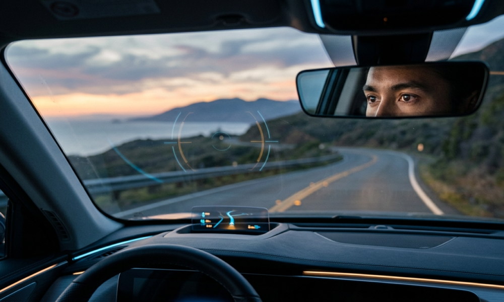 System Toyoty fotografujący wzrokiem: oko w lusterku, celownik na krajobrazie i futurystyczne błękitne światło. Patent gaze-tracking, Polska i świat.
