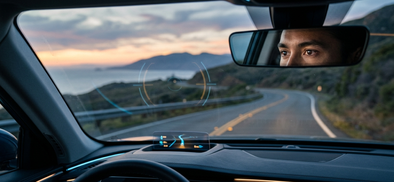 System Toyoty fotografujący wzrokiem: oko w lusterku, celownik na krajobrazie i futurystyczne błękitne światło. Patent gaze-tracking, Polska i świat.