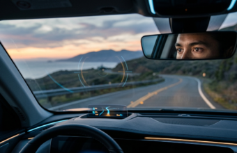 System Toyoty fotografujący wzrokiem: oko w lusterku, celownik na krajobrazie i futurystyczne błękitne światło. Patent gaze-tracking, Polska i świat.
