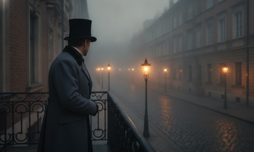 XIX-wieczny dżentelmen w cylindrze na nocnej ulicy Warszawy. Serial Lalka Netflix, polska kultura cyfrowa. Polska i świat, historyczne kostiumy i architektura.