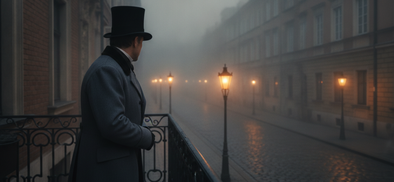 XIX-wieczny dżentelmen w cylindrze na nocnej ulicy Warszawy. Serial Lalka Netflix, polska kultura cyfrowa. Polska i świat, historyczne kostiumy i architektura.