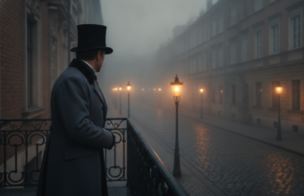XIX-wieczny dżentelmen w cylindrze na nocnej ulicy Warszawy. Serial Lalka Netflix, polska kultura cyfrowa. Polska i świat, historyczne kostiumy i architektura.