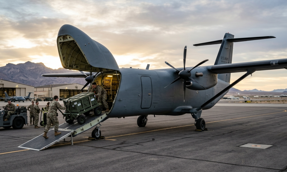 Autonomiczny samolot Cessna SkyCourier UX bez okien na pasie. Otwarta rampa w nosie przyjmuje wojskowe zaopatrzenie. Nowoczesna technologia, Polska i świat.