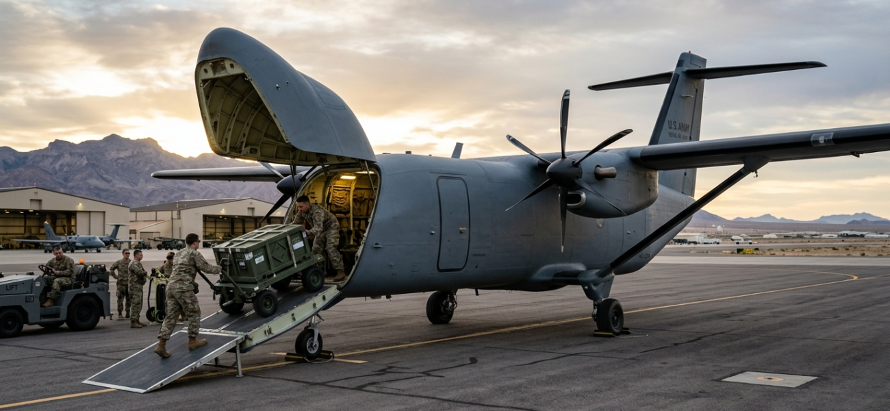 Autonomiczny samolot Cessna SkyCourier UX bez okien na pasie. Otwarta rampa w nosie przyjmuje wojskowe zaopatrzenie. Nowoczesna technologia, Polska i świat.