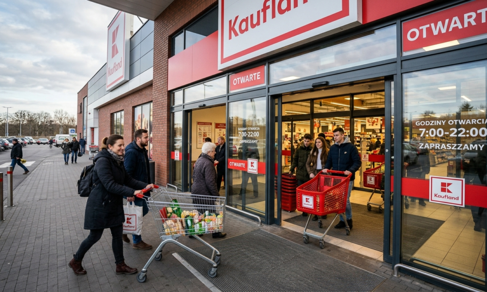 Klienci wchodzący do sklepu Kaufland. Polska i świat wdrażają płatność smartfonem, wspierając biznes i rynek tech w polskim handlu detalicznym.