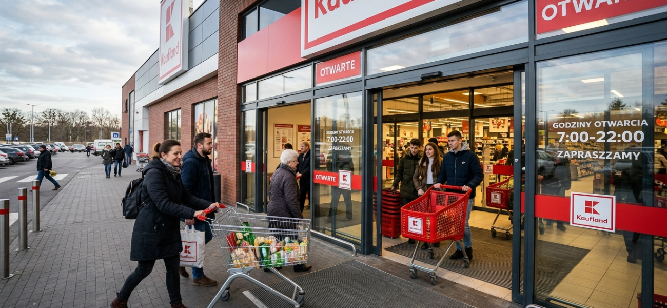 Klienci wchodzący do sklepu Kaufland. Polska i świat wdrażają płatność smartfonem, wspierając biznes i rynek tech w polskim handlu detalicznym.