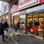 Klienci wchodzący do sklepu Kaufland. Polska i świat wdrażają płatność smartfonem, wspierając biznes i rynek tech w polskim handlu detalicznym.
