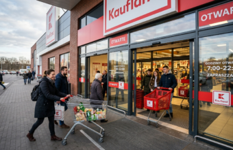 Klienci wchodzący do sklepu Kaufland. Polska i świat wdrażają płatność smartfonem, wspierając biznes i rynek tech w polskim handlu detalicznym.