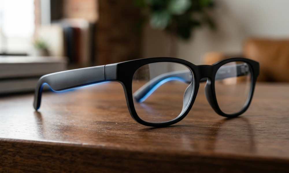 Inteligentne okulary Meta bez kamery, matowa czarna oprawka na drewnie. Niebieska poświata, dyskretny design. Polska i świat, nowoczesne gadżety i technologia.