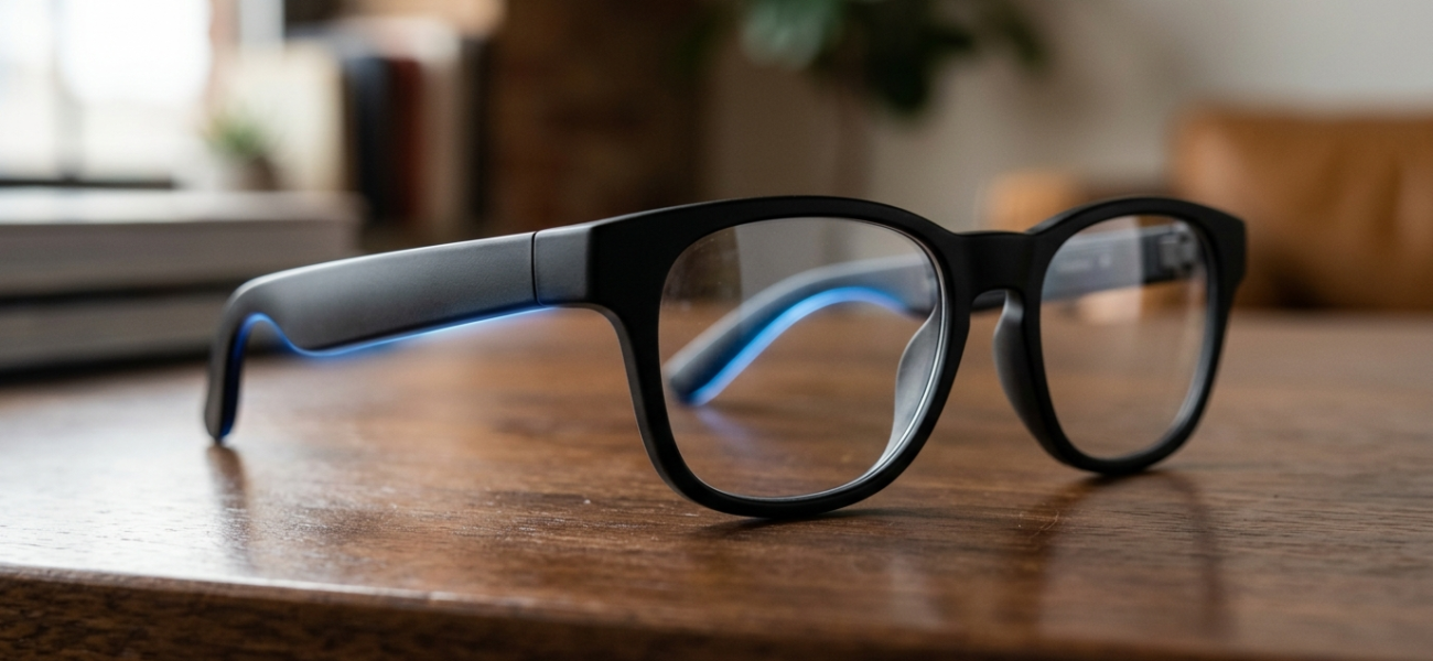 Inteligentne okulary Meta bez kamery, matowa czarna oprawka na drewnie. Niebieska poświata, dyskretny design. Polska i świat, nowoczesne gadżety i technologia.