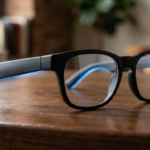 Inteligentne okulary Meta bez kamery, matowa czarna oprawka na drewnie. Niebieska poświata, dyskretny design. Polska i świat, nowoczesne gadżety i technologia.