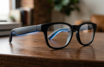 Inteligentne okulary Meta bez kamery, matowa czarna oprawka na drewnie. Niebieska poświata, dyskretny design. Polska i świat, nowoczesne gadżety i technologia.