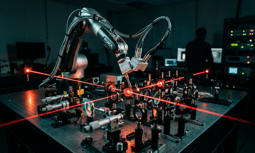 Ramię robota MIT kalibruje układ laserowy i soczewki na stole optycznym. Czerwone wiązki lasera w ciemnym laboratorium. Nowoczesna technologia i automatyzacja.