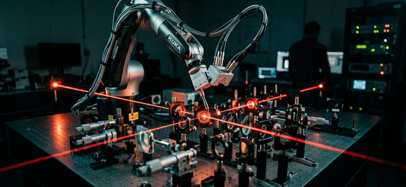 Ramię robota MIT kalibruje układ laserowy i soczewki na stole optycznym. Czerwone wiązki lasera w ciemnym laboratorium. Nowoczesna technologia i automatyzacja.