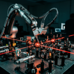 Ramię robota MIT kalibruje układ laserowy i soczewki na stole optycznym. Czerwone wiązki lasera w ciemnym laboratorium. Nowoczesna technologia i automatyzacja.