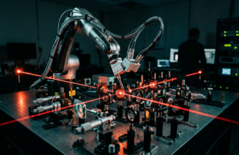 Ramię robota MIT kalibruje układ laserowy i soczewki na stole optycznym. Czerwone wiązki lasera w ciemnym laboratorium. Nowoczesna technologia i automatyzacja.