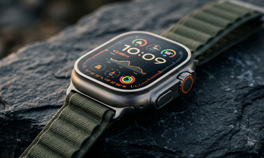 Smartwatch Apple Watch Ultra 4 z tytanową obudową i procesorem S11. Zbliżenie na podświetlony ekran z danymi na ciemnym tle. Premiera w Polska i świat.
