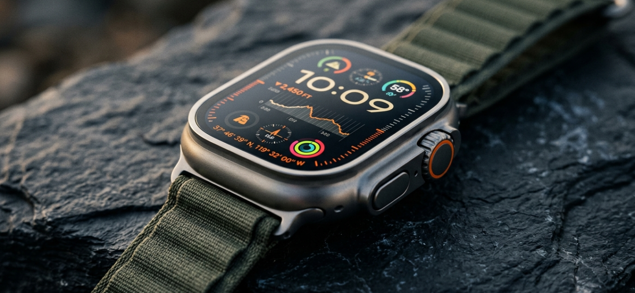 Smartwatch Apple Watch Ultra 4 z tytanową obudową i procesorem S11. Zbliżenie na podświetlony ekran z danymi na ciemnym tle. Premiera w Polska i świat.
