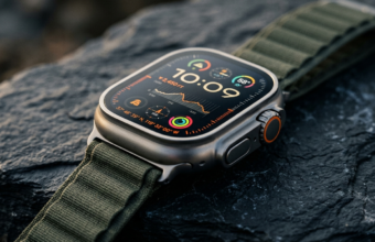 Smartwatch Apple Watch Ultra 4 z tytanową obudową i procesorem S11. Zbliżenie na podświetlony ekran z danymi na ciemnym tle. Premiera w Polska i świat.