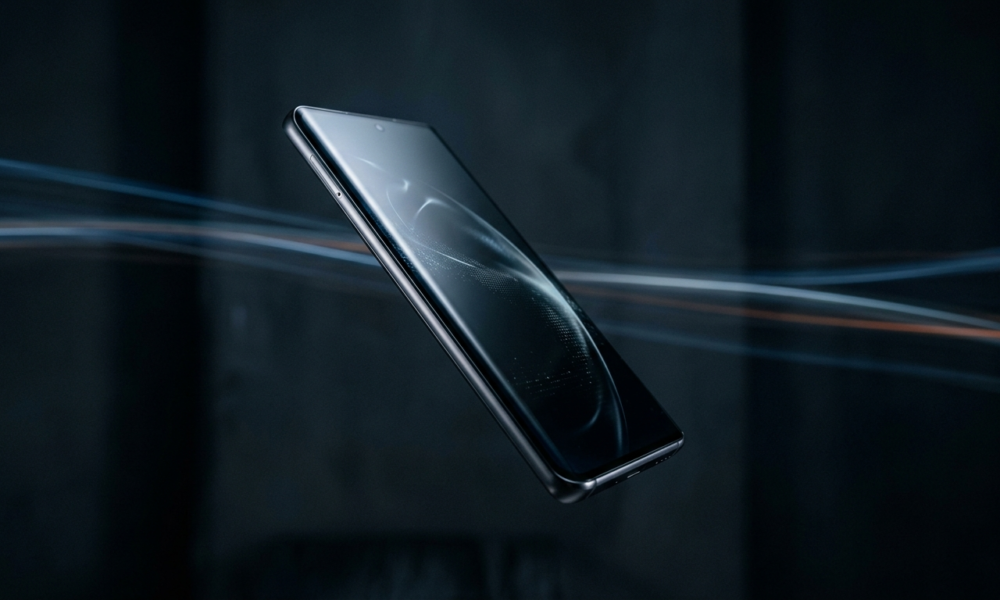 Flagowy smartfon Motorola Signature 27 ze szklanym wykończeniem i zakrzywionym ekranem na ciemnym tle. Nowoczesna technologia i design w Polska i świat.