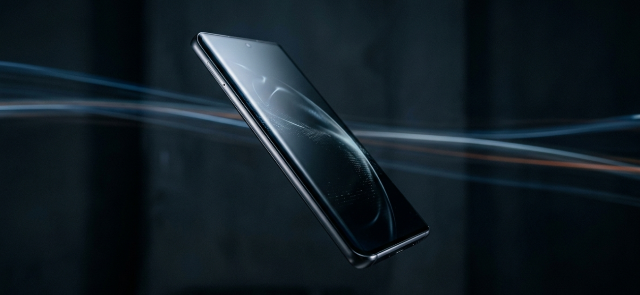 Flagowy smartfon Motorola Signature 27 ze szklanym wykończeniem i zakrzywionym ekranem na ciemnym tle. Nowoczesna technologia i design w Polska i świat.