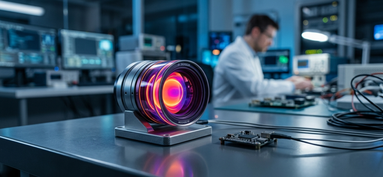 Kompaktowa soczewka sensora podczerwieni lśniąca neonowym pomarańczem na blacie laboratorium. Tanie kamery termowizyjne to przełom w branży Polska i świat.