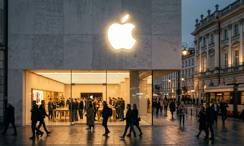 Srebrne logo Apple na ścianie. Informacje o iPhone Duo i magnetycznym rysiku śledzi Polska i świat. Nowy składany smartfon i gadżety.