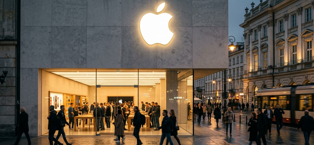 Srebrne logo Apple na ścianie. Informacje o iPhone Duo i magnetycznym rysiku śledzi Polska i świat. Nowy składany smartfon i gadżety.