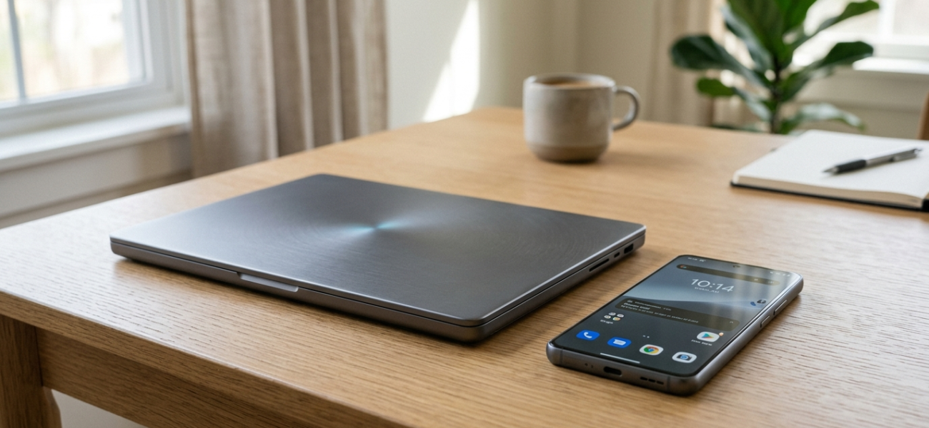 Laptop Googlebook i smartfon Android na jasnym biurku. Cicha praca i integracja systemów. Polska i świat, nowoczesne komputery i oprogramowanie.