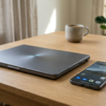 Laptop Googlebook i smartfon Android na jasnym biurku. Cicha praca i integracja systemów. Polska i świat, nowoczesne komputery i oprogramowanie.