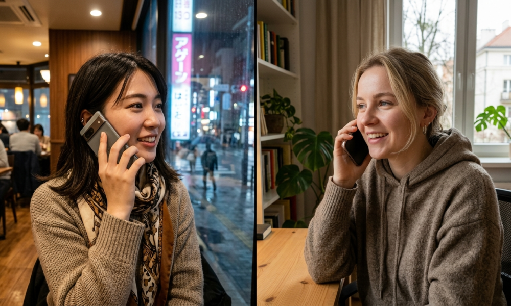Japonka i Polka rozmawiają przez smartfony. Sztuczna inteligencja tłumaczy rozmowy bez aplikacji. Nowoczesne gadżety łączą Polskę i świat.