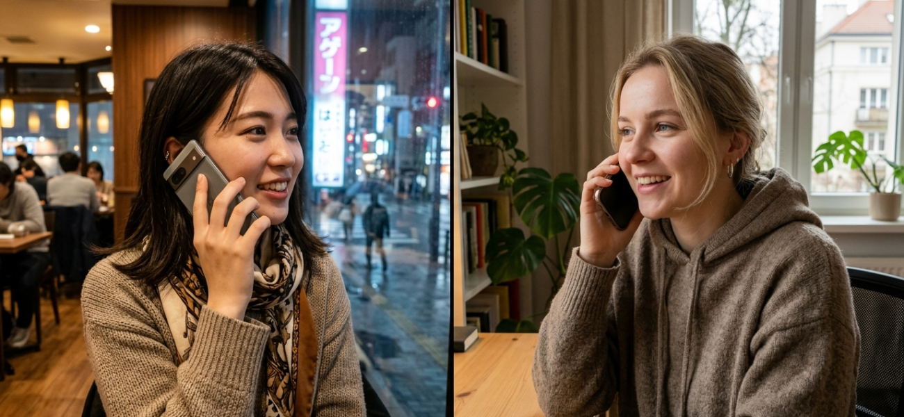 Japonka i Polka rozmawiają przez smartfony. Sztuczna inteligencja tłumaczy rozmowy bez aplikacji. Nowoczesne gadżety łączą Polskę i świat.