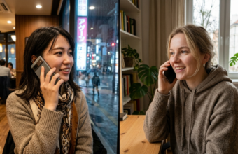 Japonka i Polka rozmawiają przez smartfony. Sztuczna inteligencja tłumaczy rozmowy bez aplikacji. Nowoczesne gadżety łączą Polskę i świat.